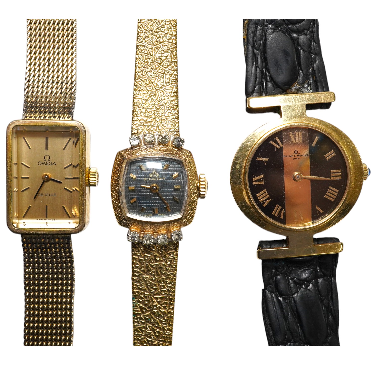 A ladies stylish Baume Mercier 18ct gold wrist watch, in original green leather case, and two gold plated wrist watches by Omega and Bucherer. Condition - Baume Mercier movement not going, later strap with gold plated bu